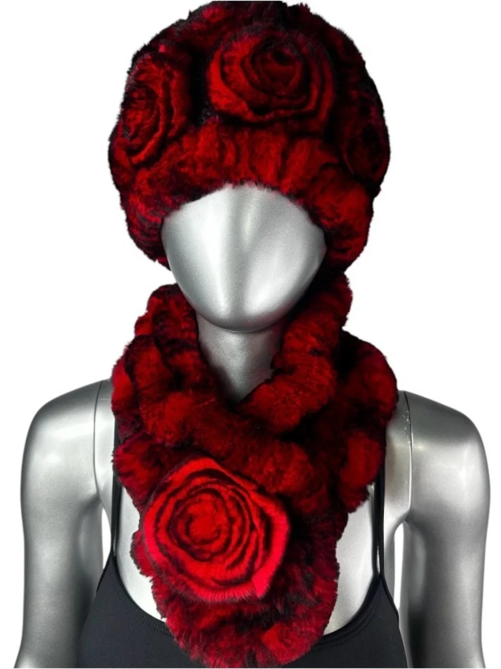 Red REX RABBIT Hat and Scarf w/Rosettes, One Size 21”-23” w/Stretch